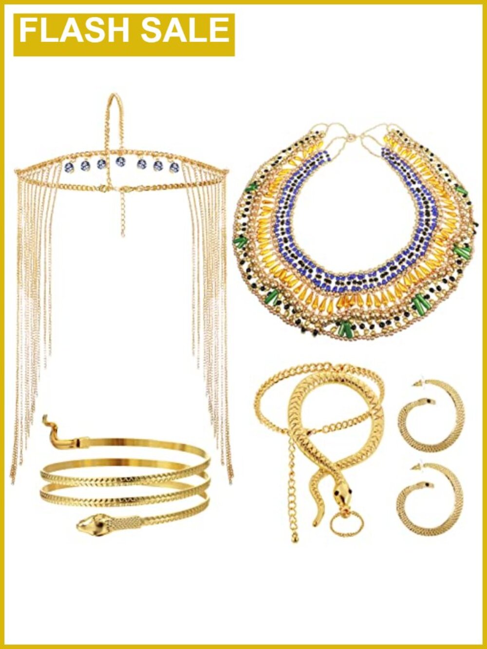 Egyptian Costume Jewelry Set with Headpiece, Snake Armband, Collar Necklace